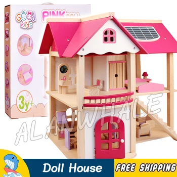 

55*38*53cm Wooden DreamHouse Dollhouse With Furnitures Princess Pink Doll House Skylight DIY Toys Family Model Building Set