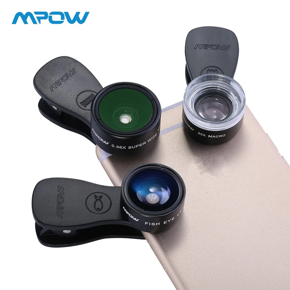 

Original Mpow MFE4 Clip-On Phone Camera Lens Kits 180 Degree Fisheye Lens + 0.36X Wide Angle + 20X Macro Lens for Cellphones
