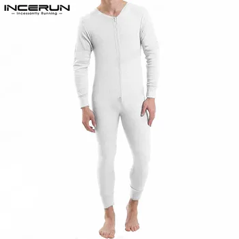 

Men Jumpsuit Pajamas Long Sleeve Zipper Fitness Solid Color Rompers Homewear V Neck Comfy Leisure Men Sleepwear S-5XL INCERUN