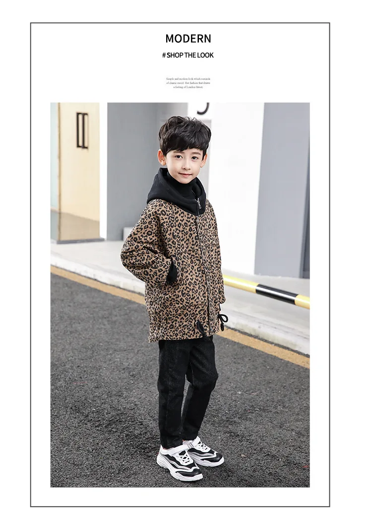 Children's Velveted Leopard Denim Jacket Outerwear Boys& Girls Fashion Hooded Trench Coat Teenager Kids Casual Windbreaker P129