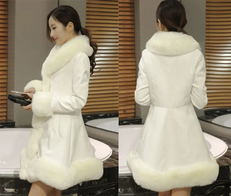 Thick down feather cotton winter coat imitation fox fur collar long slim Slim stitching PU leather women's warm jacket coats