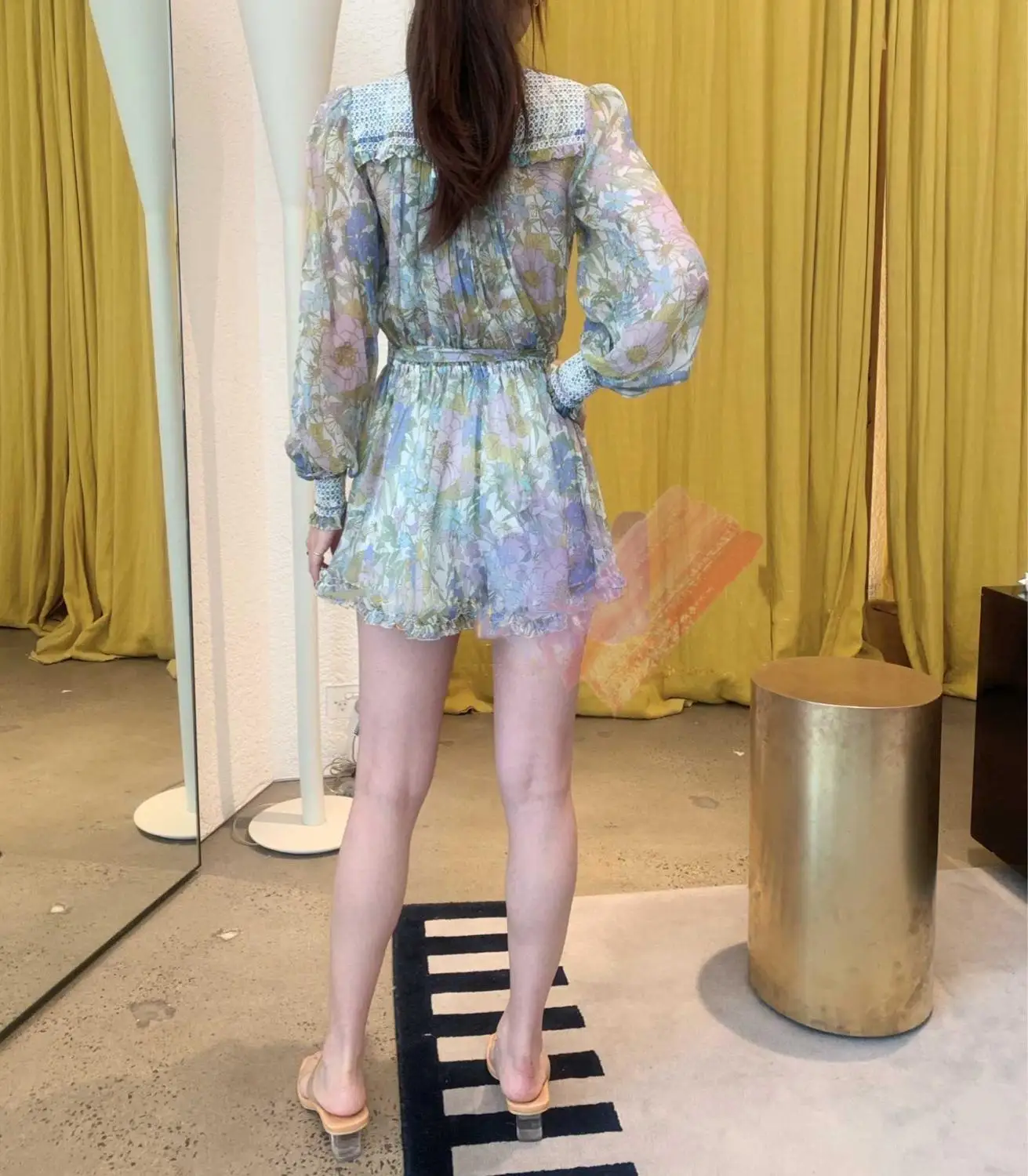 [LIVIVIO] Fashion Tumblr Autumn Winter Light Blue Floral Print Stand Collar Waist Cuff Long Sleeve One-Piece Shorts Playsuit