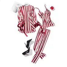 Удобные повседневные мягкие атласные женские халаты, набор изысканных полосатых пижам, ночное белье, сексуальная ночная рубашка с v-образным вырезом, домашняя одежда, 3 шт., для сна