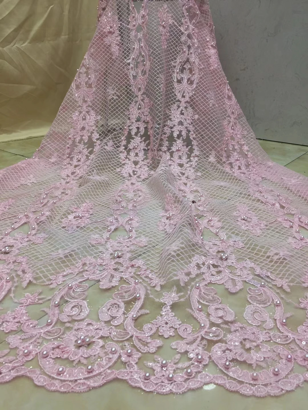 

Pink Latest African Laces 2021 High Quality Tulle Fabrics Embroidery Beads French Milk Silk Lace Fabric With Sequins X98-8