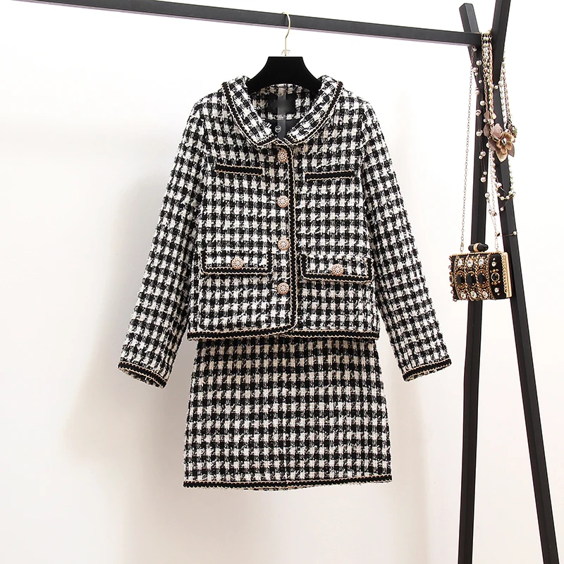 

HAMALIEL New Fall Winter Women Tweed Skirt Suit High Quality Plaid Woolen Thick Weave Beaded Button Jacket Coat + Mini Skirt Set