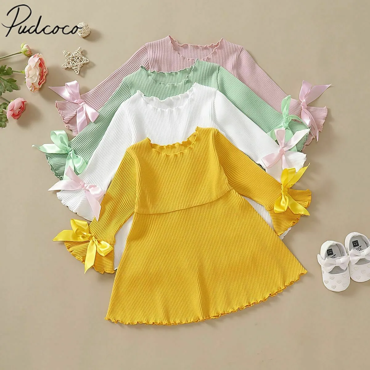 Детская одежда; сезон весна-осень пышные вечерние платья принцессы с длинными рукавами для маленьких девочек рифленый бантик; однотонные платья