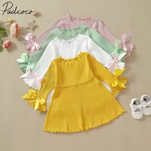 Детская одежда; сезон весна-осень пышные вечерние платья принцессы с длинными рукавами для маленьких девочек рифленый бантик; однотонные платья