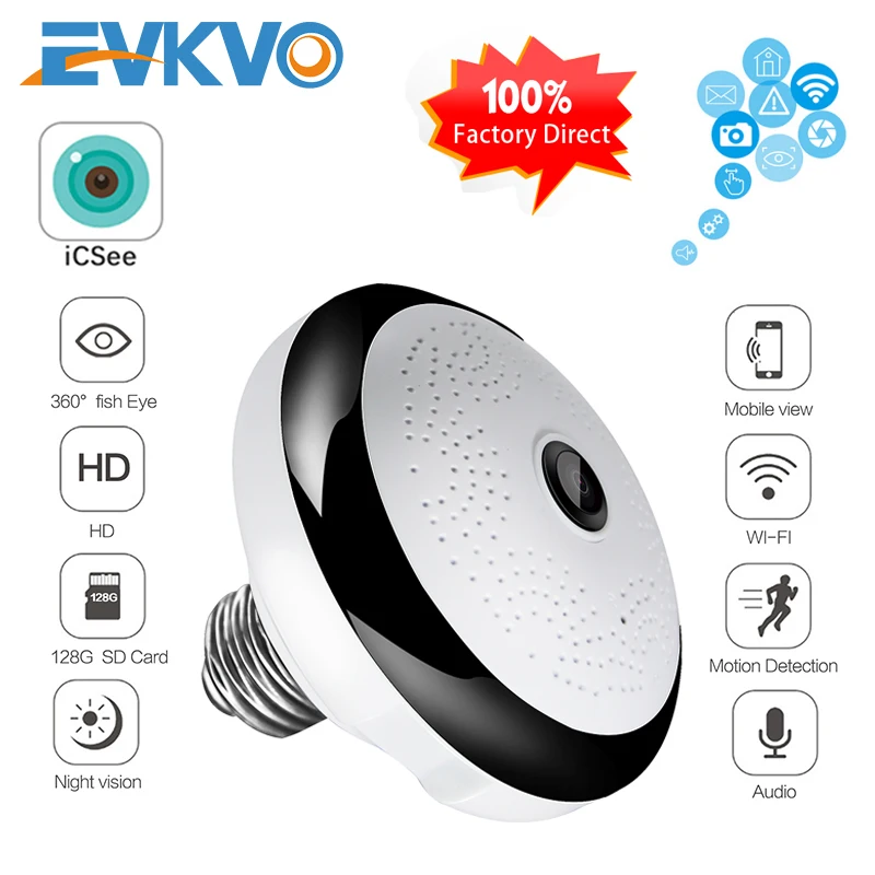 EVKVO 1080P Беспроводной WI FI Камера IP лампа CCTV панорамный FishEye светодиодный светильник