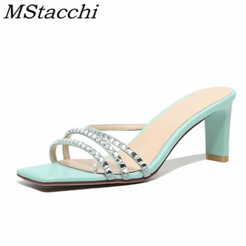 

MStacchi Fashion Slippers Leather High Heels Women Shoes Crystal Narrow Band Slippers Outdoors Party Shoes Sexy Women Slippers