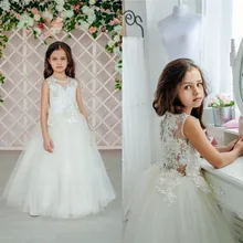 На заказ, цвета слоновой кости, белое платье с цветочным узором для девочек, Свадебное кружево Аппликация, круглый вырез, отвесный Топ, детская одежда, пышное платье, платье для причастия для девочек