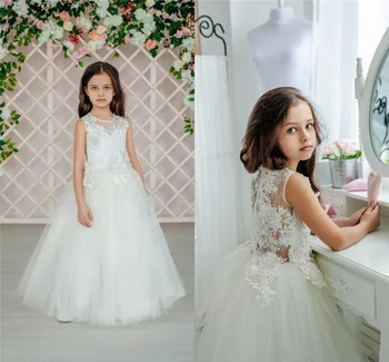 

Custom Ivory White Flower Girl Dress for Wedding Lace Applique O Neck Sheer Top Kids Cloth Puffy Gown Communion Dress for Girls