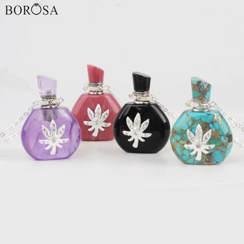 

CZ Micro Pave Natural Stones Essential Oil Bottle Necklaces with Silver Color Leaf Perfume Bottle Necklace Pendant Jewelry S1976