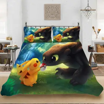 

Pokemon Pikachu Train Dragon Anime 3Pcs/Set Bedding Set Sheet Children Room Bed Sheet Pillow case Bedding Set Queen Bedding set
