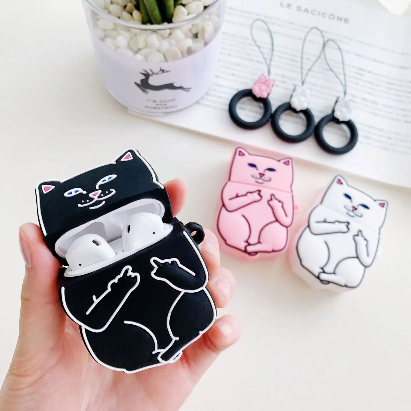Для Apple Airpods защитный чехол милый мультфильм кошка зарядка Bluetooth наушники чехол Мягкие силиконовые чехлы с кольцом крюк