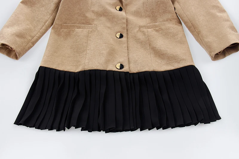 [EAM] Loose Fit Velvet Hemline Pleated Split Long Jacket New Lapel Long Sleeve Women Coat Fashion Tide Autumn Winter 1D930