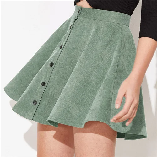 SHEIN однотонная Вельветовая повседневная юбка с пуговицами спереди, Женская юбка, осень, уличная одежда, высокая талия, Женские базовые короткие расклешенные юбки - Цвет: Зеленый