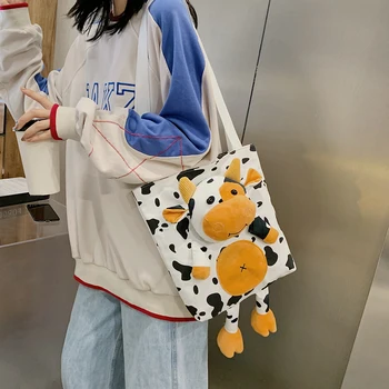 

Cartoon Plush Cow Doll Shoulder Bag Women Canvas Simple Shopping Handbags Ladies Portable Travel Top-handle Pouch
