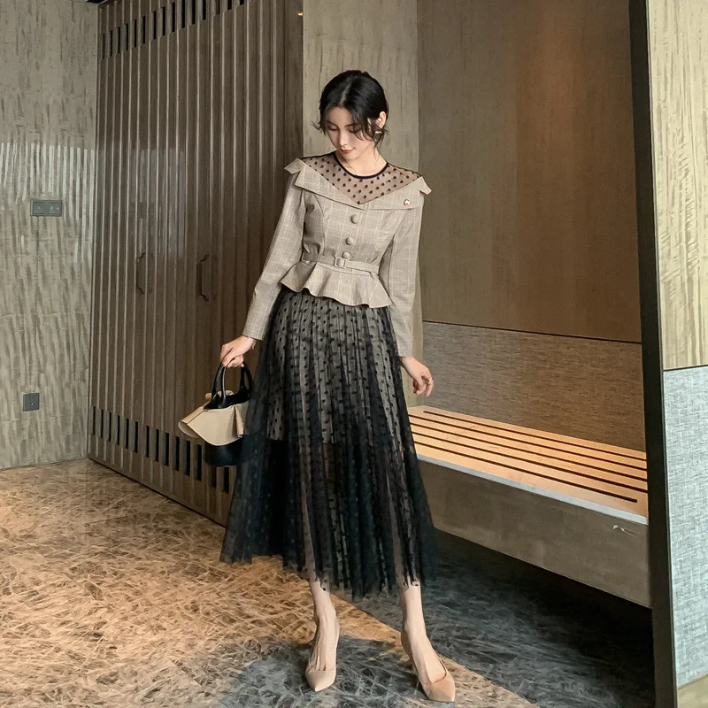 2019 Новый Модный женский комплект Элегантная Лоскутная Тонкая блузка и фатиновая сетчатая юбка костюмы из двух предметов женские вечерние