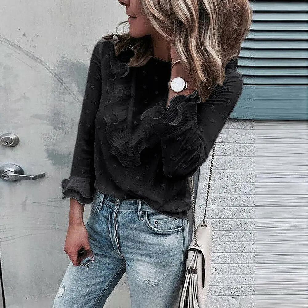 Vintage Women Chiffon Solid Color V-Neck Ruffle Trim Blouse Ladies Casual Long Sleeve Top Shirt Black Loose Female Blusas hot