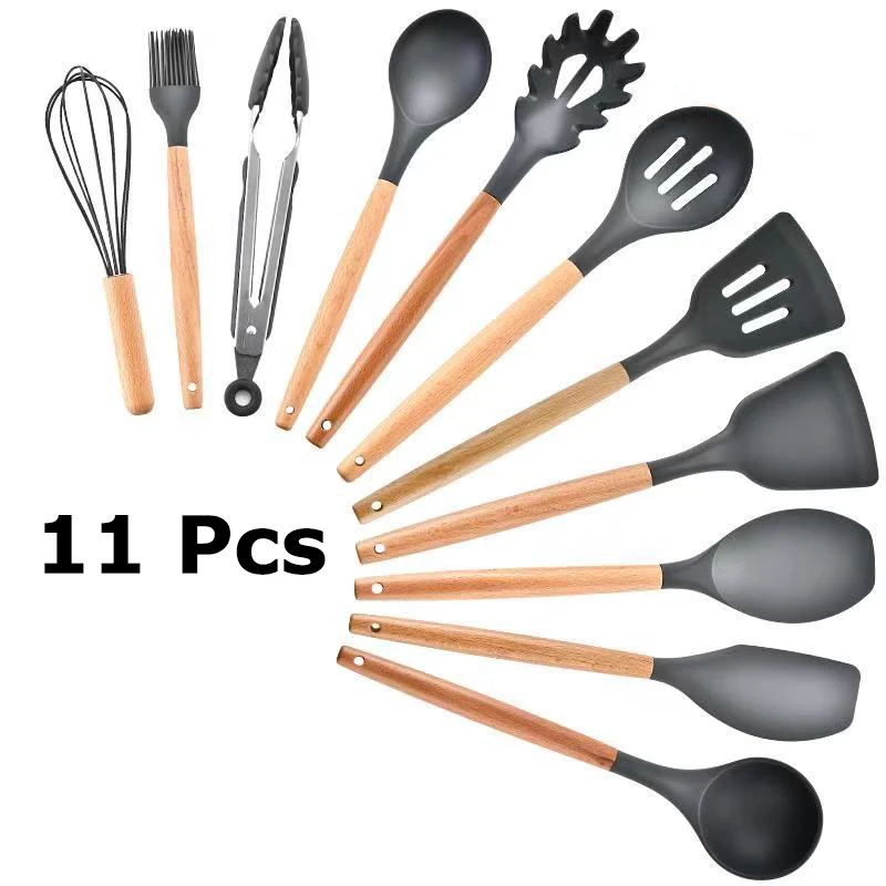 11 pcs 8-11 шт. антипригарные кухонные принадлежности из силикона набор деревянная лопатка Черпак токарный скребок для супа паста яиц кухонные инструменты - Цвет: 11 pcs