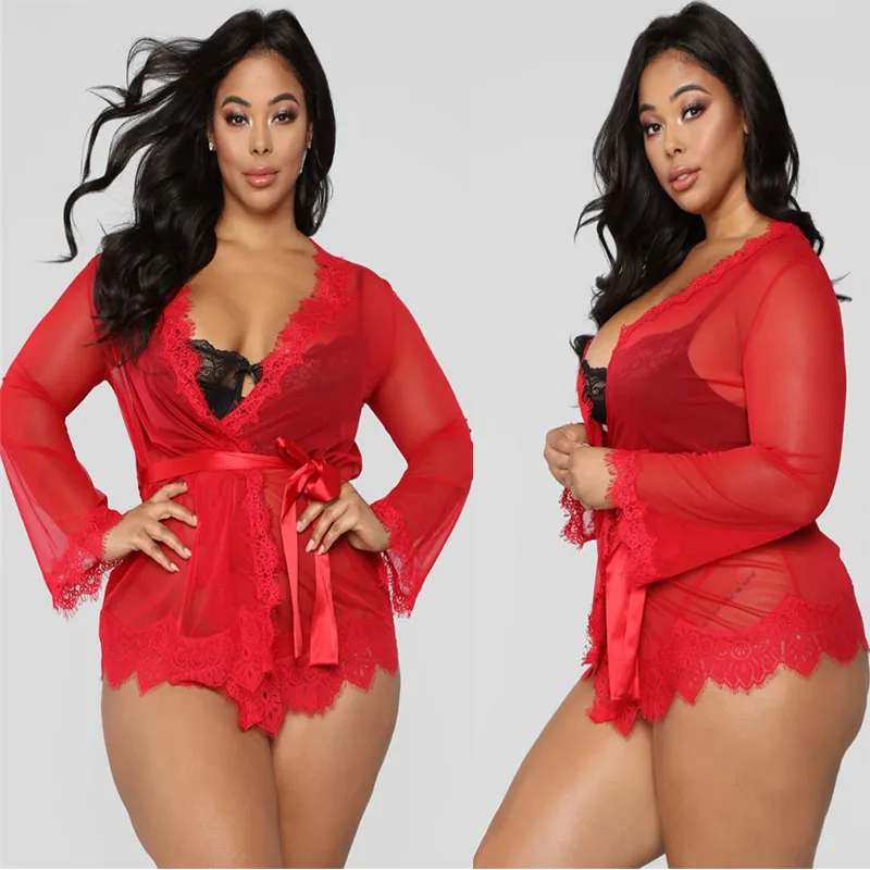 Plus Size Mesh Nightgown Robe With G String + Belt Erotic Lace Babydoll Lingerie sexy kimono Sleepwear Women Underwear Dresses (3)