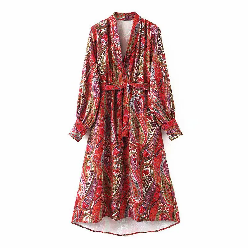 

Women Chic Paisley Print Midi Dress V Neck Bow Tie Sashes Long Sleeve Pockets Irregular Retro Mid Calf Dresses