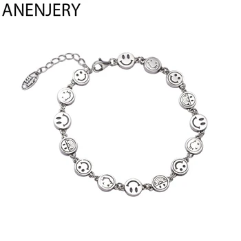 

ANENJERY Smiling Face Funny Bracelet Thai Silver Color Happy Expression Chain Bracelet For Women Best Friend Gift S-B376