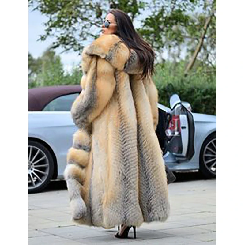 FURSARCAR Luxurious New Women Real Natrual Fox Fur Jacket With Hood X-Long Plus Size New Women Winter Golden Fox Fur Coat