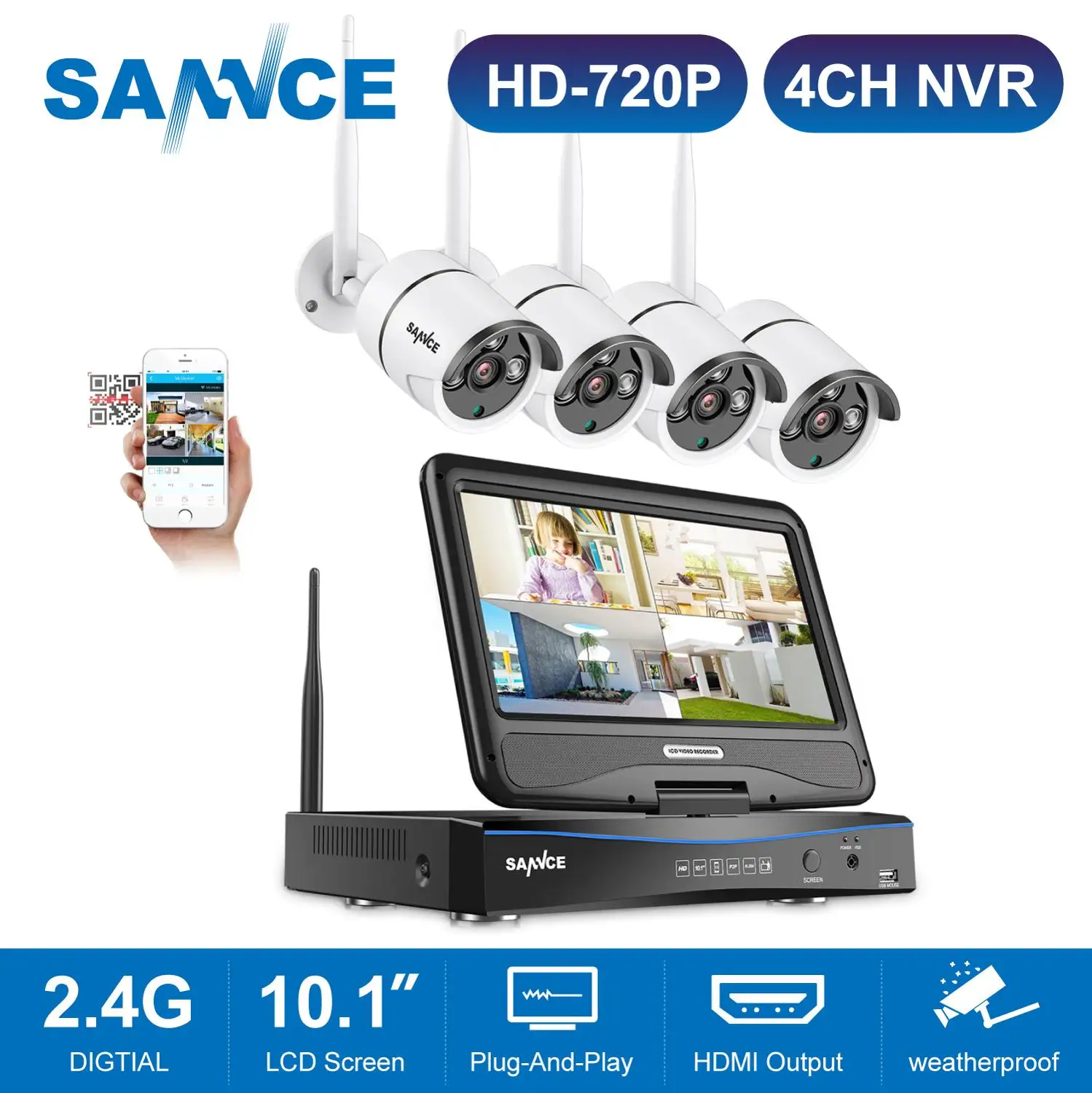 

SANNCE RU Clearance 4CH 720P Wireless Video Security System 10.1inch LCD Wifi 2MP H.264 NVR With 1MP Outdoor Weatherproof IP Cam