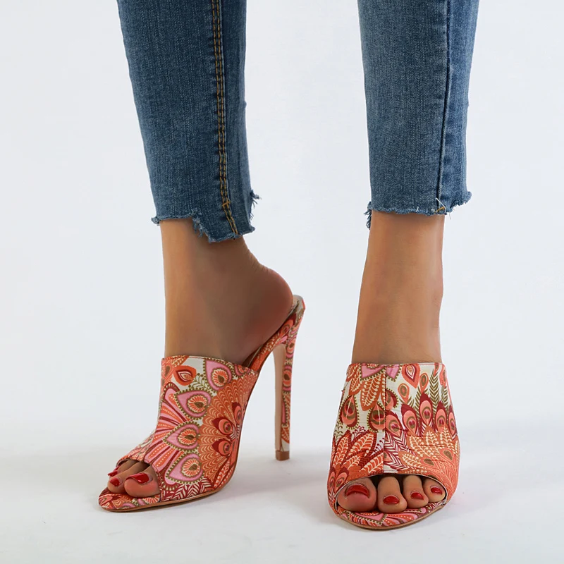 Peep Toe Shallow Women's Slippers NIUFUNI Plus Size 35-42 Peacock Pattern Sandals Stiletto High Heels Slides Women's Shoes 2019