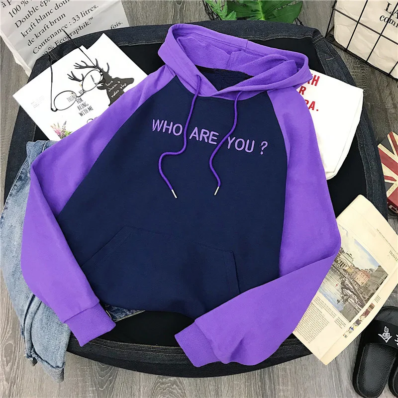 

2019 Autumn Sweatshirts Women Hoodies Letter Embroidery Who Are You Patchwork Loose Hooded Pullover Sweatshirt Streetwear