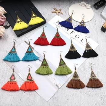 

Exknl New Fashion Long Tassel Earrings Jewelry Women Earring Wedding triangle Vintage Ethnic fringed Drop Earrings for Women