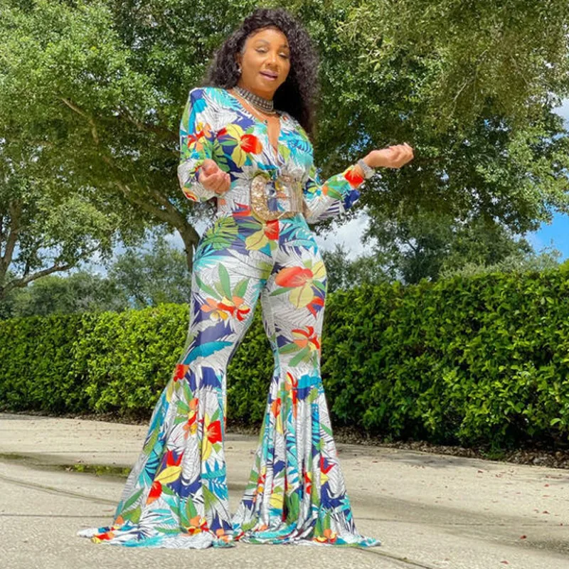 Casual African Jumpsut Digital Print Zipper Sexy Women Flared Jumpsuit Long Sleeve Work Romper Fashion Printed One Piece Outfit