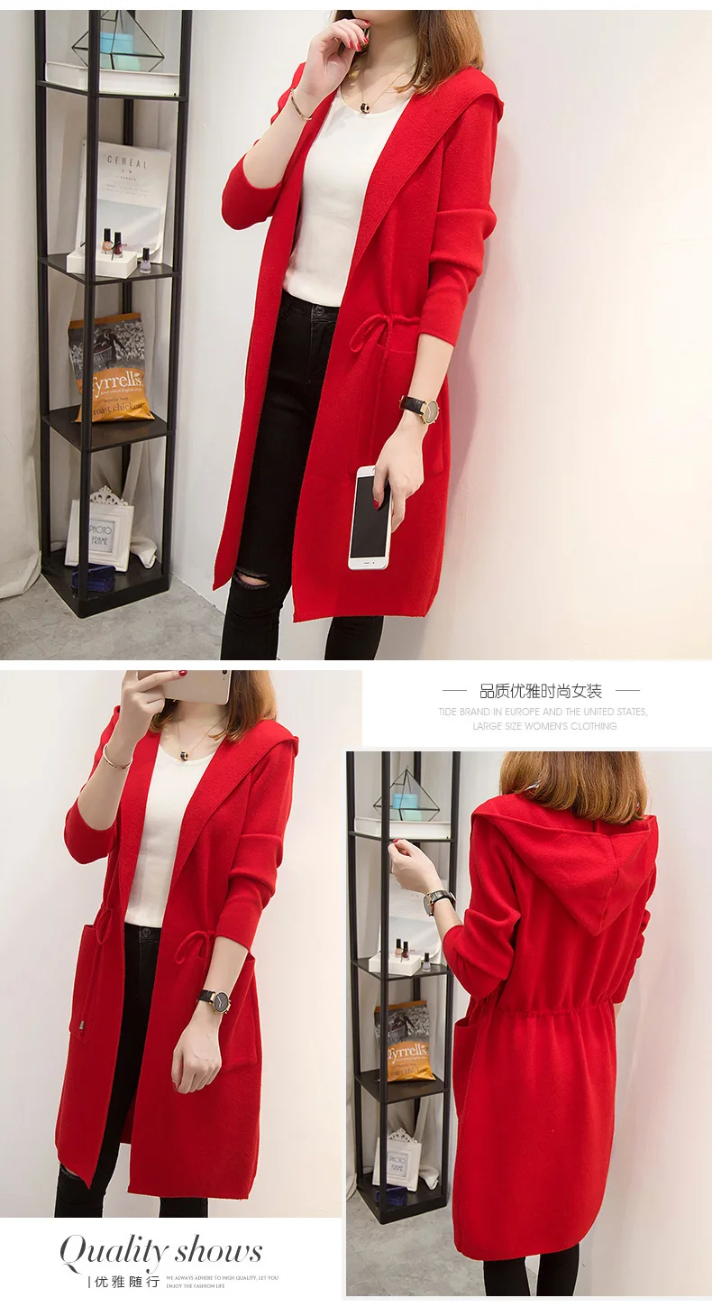 Spring Autumn Women Belt Loose Hooded Knitted Long Cardigan Sweater Jacket Female Warm Tricot Coat Casaco Mujer AQ577