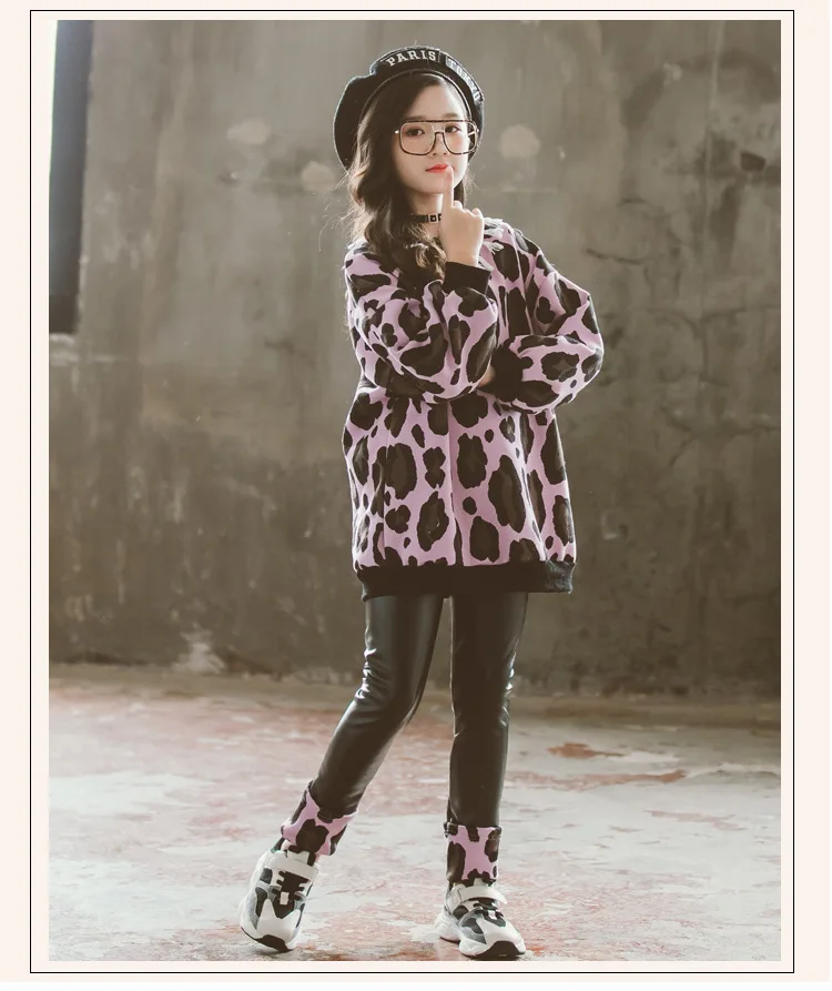 Г., зимний комплект одежды для девочек, пуловер с леопардовым принтом для маленьких девочек, комплект из рубашки и штанов, детский повседневный комплект из двух предметов для девочек#8134