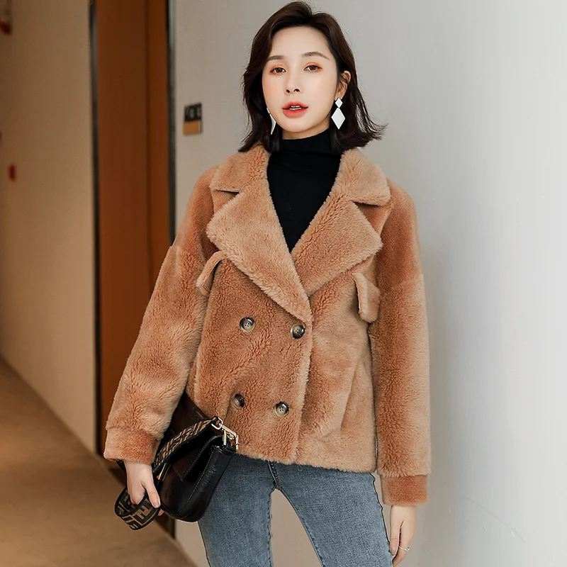 autumn winter coat female short style women's outerwear jacket coats 21% sheep wool shearing fur coat - Цвет: CAMEL