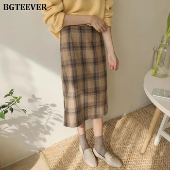 

BGTEEVER Vintage Long Plaid Skirt Women Autumn Winter High Waist Straight Ladies Skirt Elegant Thick Female Bottom Skirts 2019