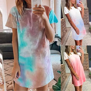 

Women Tie-Dye Pajamas Short Sleeve Sleepwear Casual Nightgown Dress(S-2XL) bodycon dress платье лето 2020 vestidos de verano