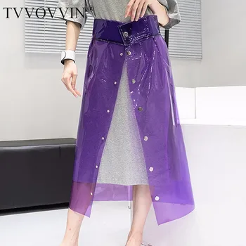 

TVVOVVIN New Summer 2019 Personality Single Breasted PVC Transparent Plastic Perspective A-line Skirt Women H053
