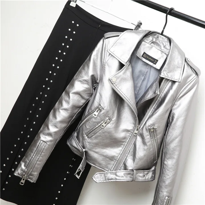 Metallic Leather Jacket Woman Motorcycle Short Jacket Lapel Asymmtrical Zipper Coat Punk Streetwear