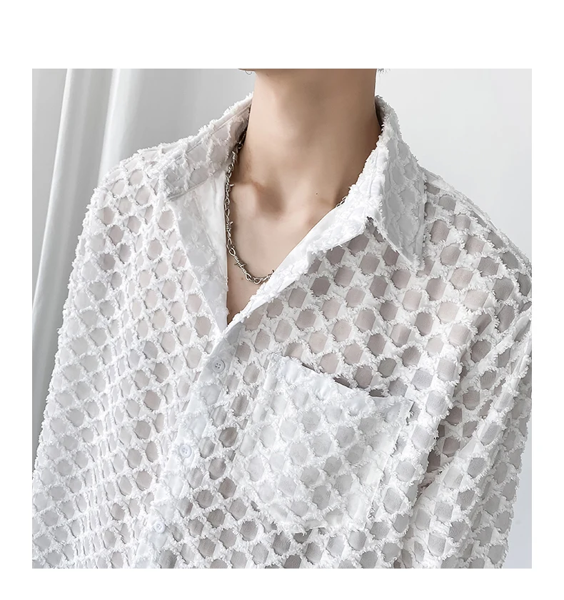 Stitching Striped Shirt Summer Men Transparent Lace Cutout Shirt