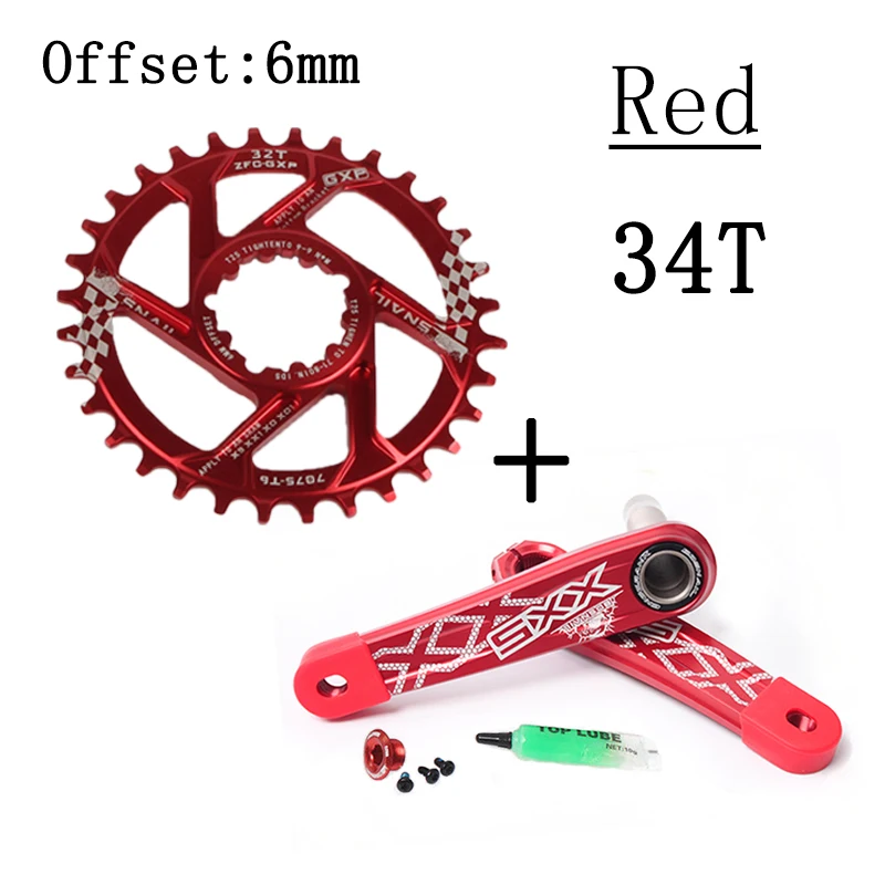 crankset red 34t Улитка MTB диаметра окружности болтов(смещение 6 мм узкая широкая цепь из колец цепь на 30-34T передняя Звездочка 170 мм горный шоссейный велосипед для горного велосипеда 8-11S для GXP XX1 X9 модными принтами XO X01 кривошипно - Цвет: crankset red 34t