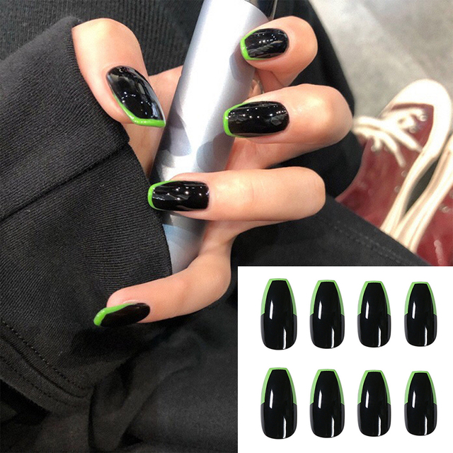 Detachable False Nails French with Black Line Fake Nails Full Cover Nail Art Tips Press on Nails with Glue Manicure Tools