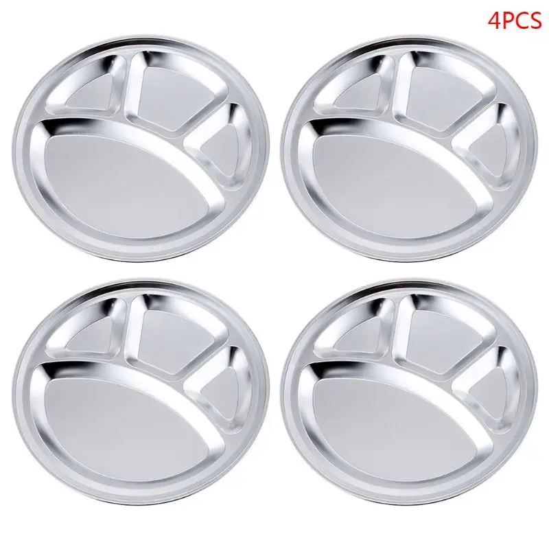 

4pcs Stainless Steel 4 Sections Round Divided Plate Dish Snack Dinner Tray Lunch L69B