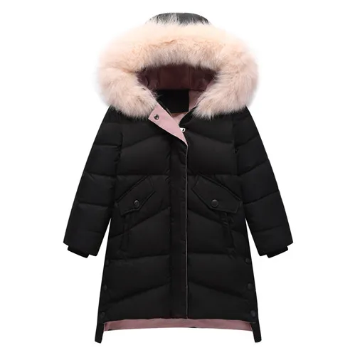 Girls Winter Down Jacket Korean Fashion Kids Thicken Hooded Long Outerwear Coat For School Girl 5 7 9 11 13 15 Years Parkas - Цвет: black