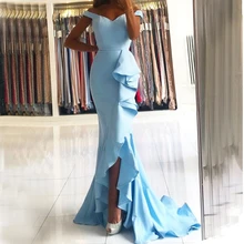 

YiMinpwp Light Sky Blue Mermaid Bridesmaid Dresses Off Shoulder Side Split Ruffles Sweep Train Garden Wedding Guest Gowns Cheap