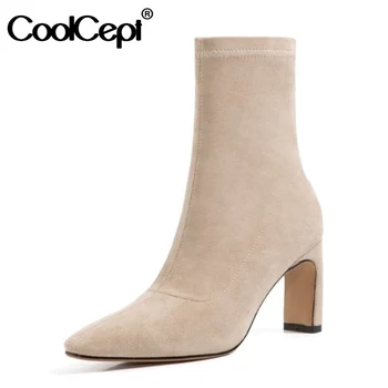 

CoolCept Women Ankle Boots Square Heel Slip On Shoes Pointed Toe Winter Warm Boots Fashion Women Office Footwear Size 33-40