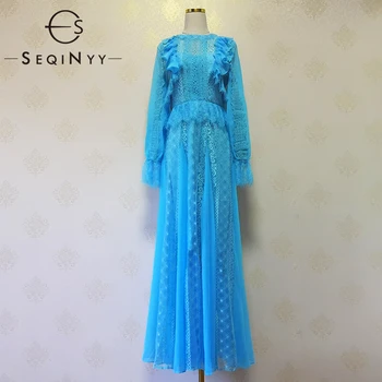 

SEQINYY Elegant Long Dress 2020 Summer Spring New Fashion Design Women Ruffles Lace Embroidery Chiffon Party Dress Plus Size