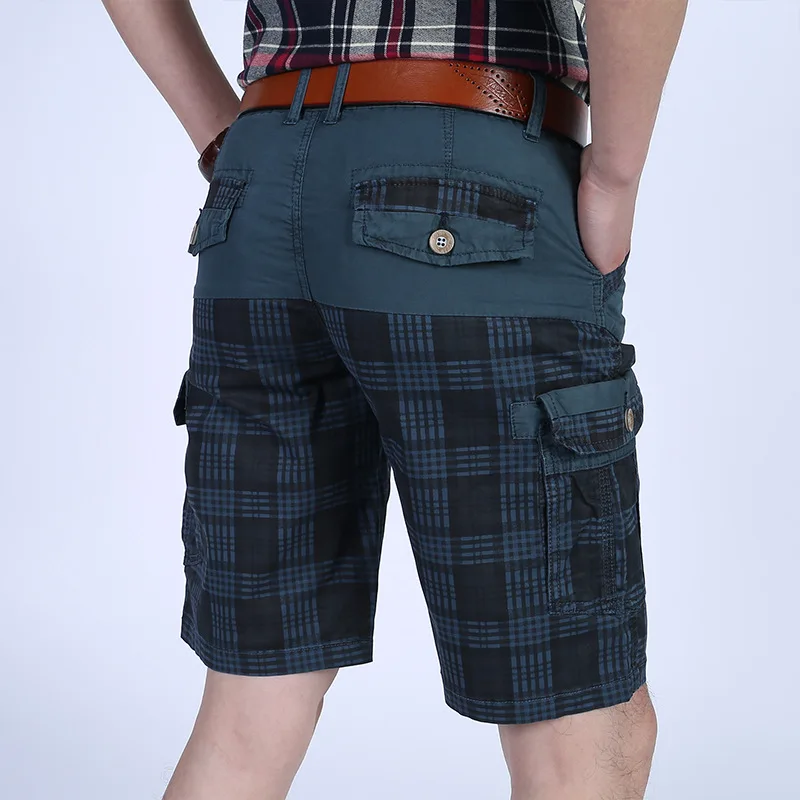 Летние мужские повседневные тонкие клетчатые мужские шорты с карманами, модные Лоскутные мужские шорты до колена со средней талией из хлопка