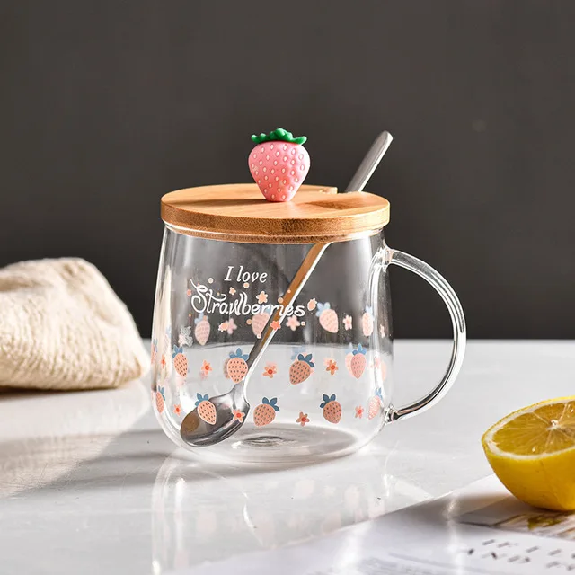 JHNIF 10 Oz Lovely Strawberry Clear Glass Mug with Lid and Straw.